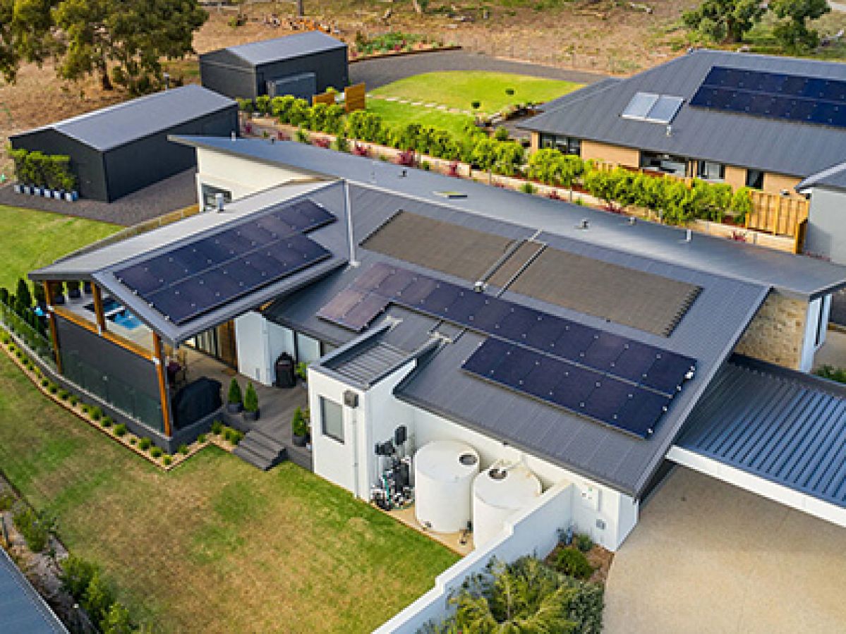 Aerial view of Ocean Grove house fitted with solar panels. 