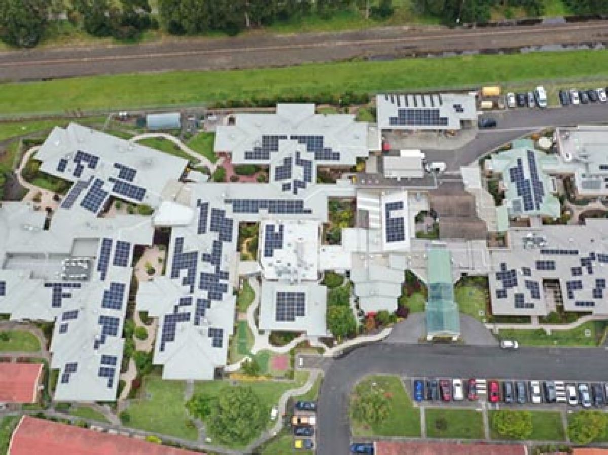Aerial view of solar panels fitted on buildings of Yallambee Aged Care. 