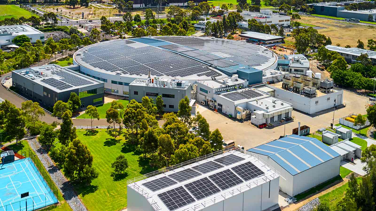 Aerial view of solar panels fitted on buildings of the Australian Nuclear Science and Technology Organisation.