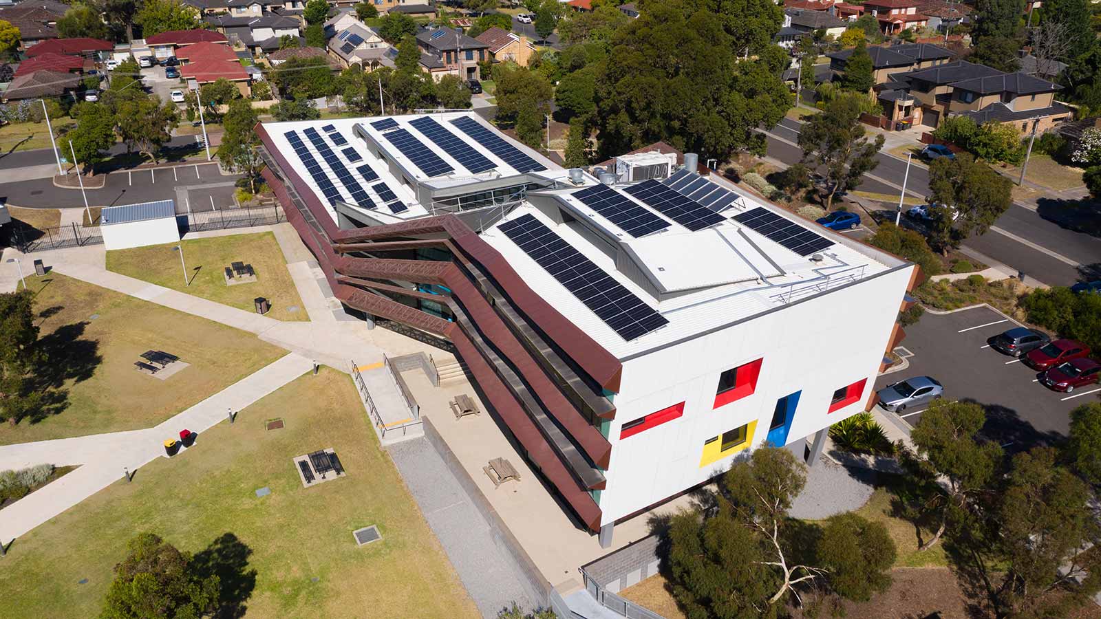 Aerial view of solar panels fitted on Holmesglen Chadstone campus