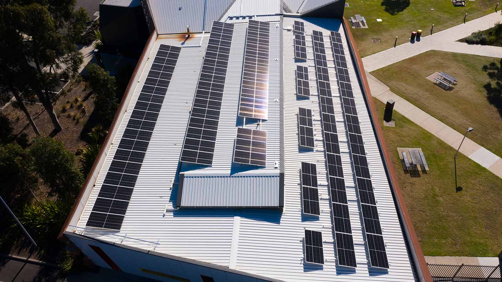 Aerial view of solar panels fitted on Holmesglen Chadstone campus