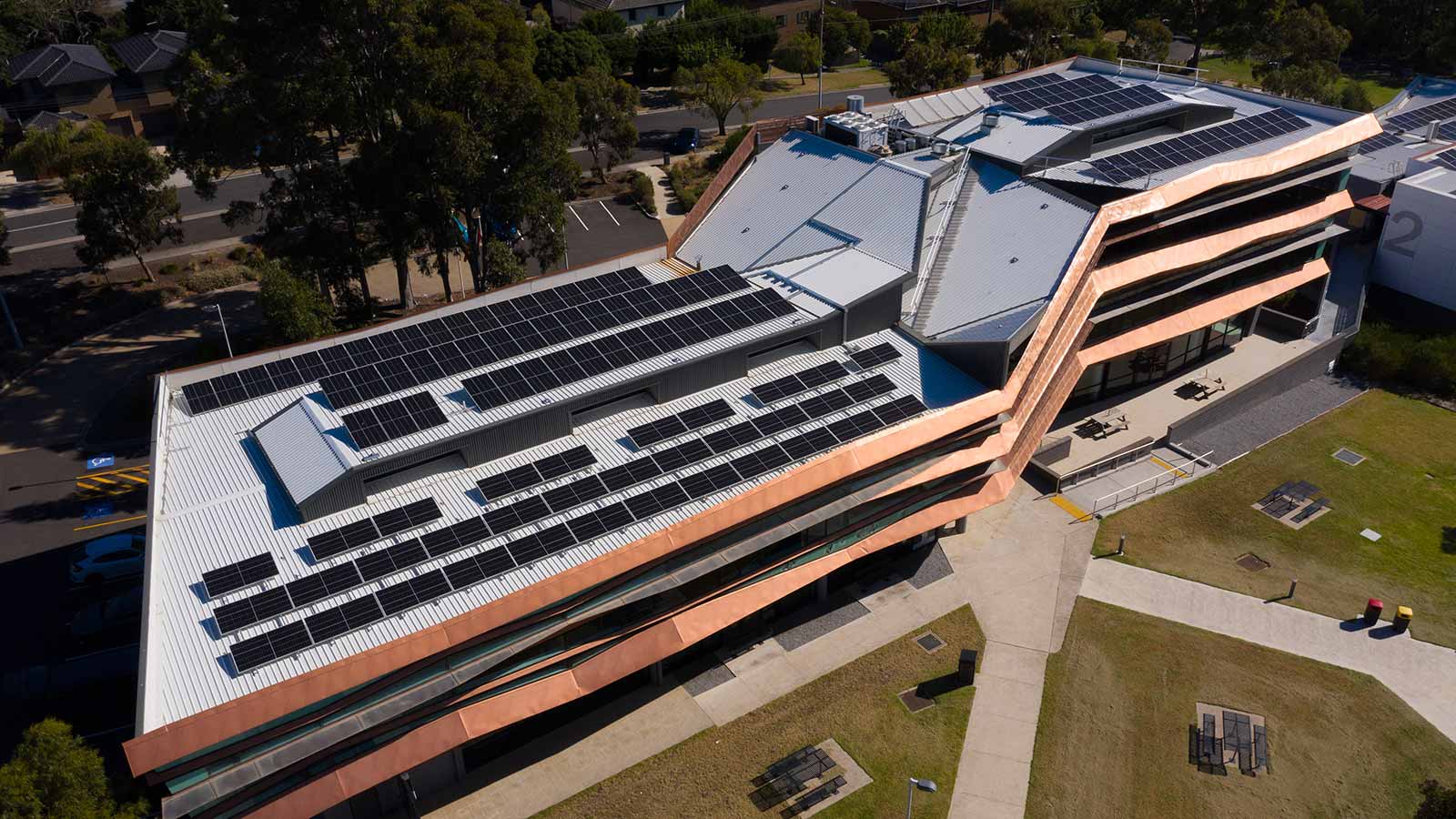 Aerial view of solar panels fitted on Holmesglen Chadstone campus