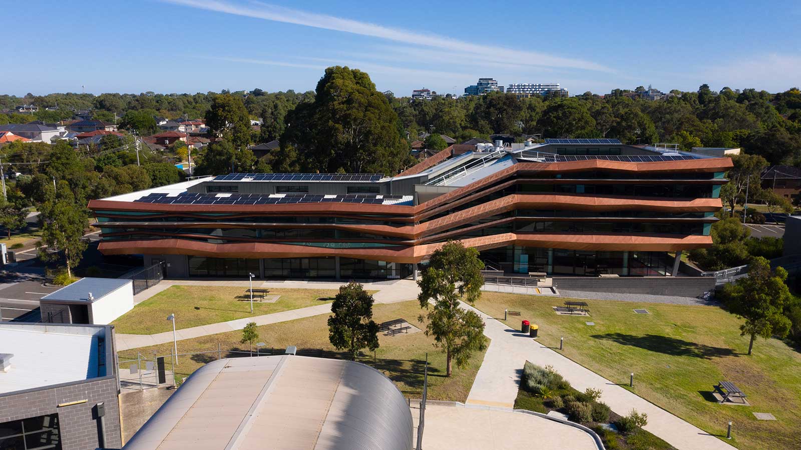 Aerial view of solar panels fitted on Holmesglen Chadstone campu