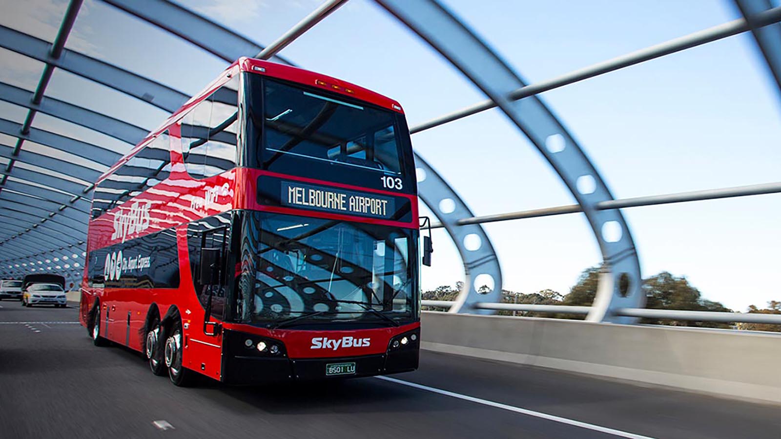 Melbourne Airport SkyBus driving over Westgate Bridge.