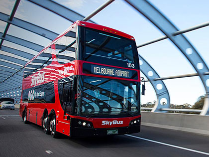 Melbourne Airport SkyBus driving over Westgate Bridge.
