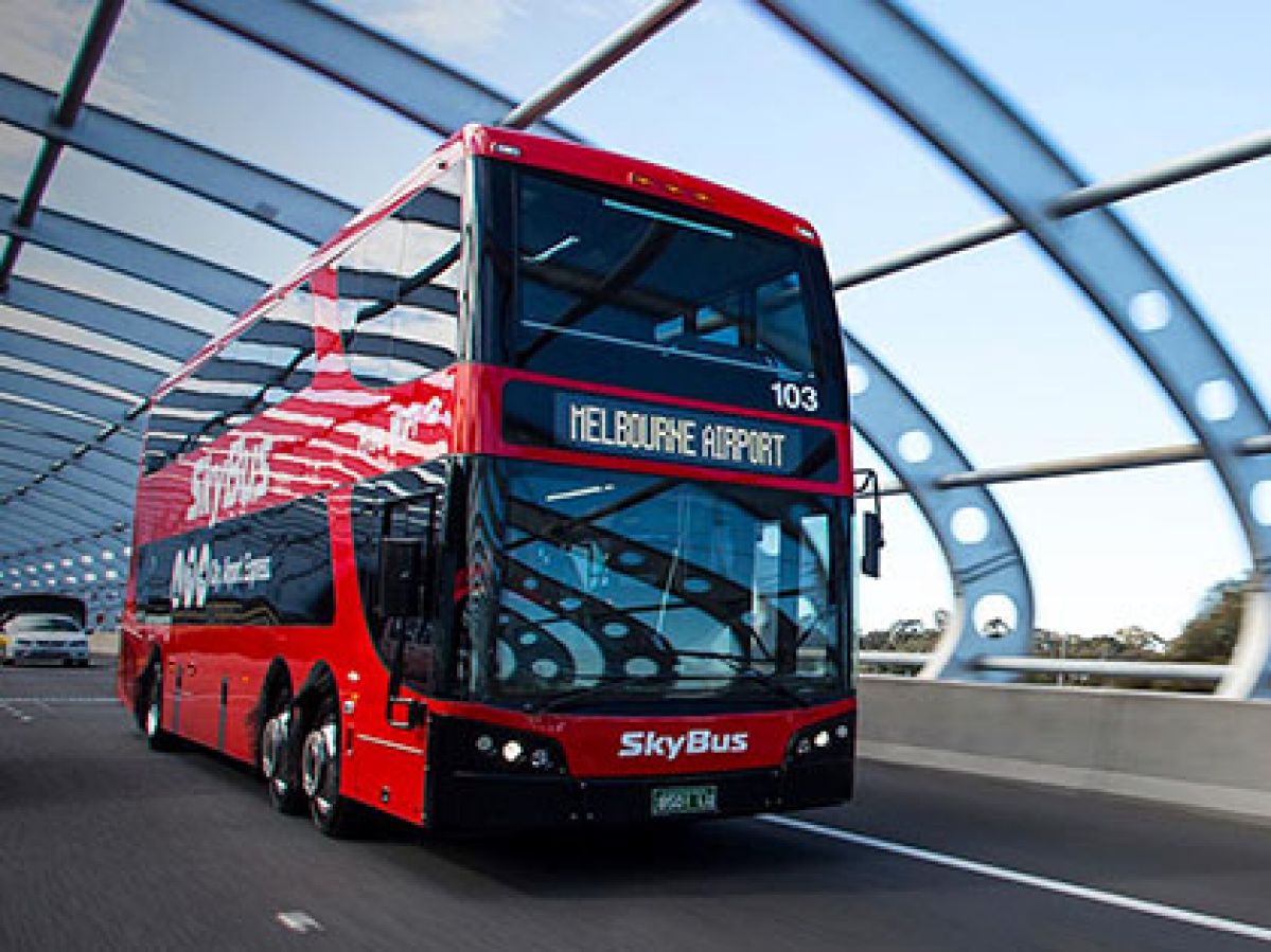 Melbourne Airport SkyBus driving over Westgate Bridge.
