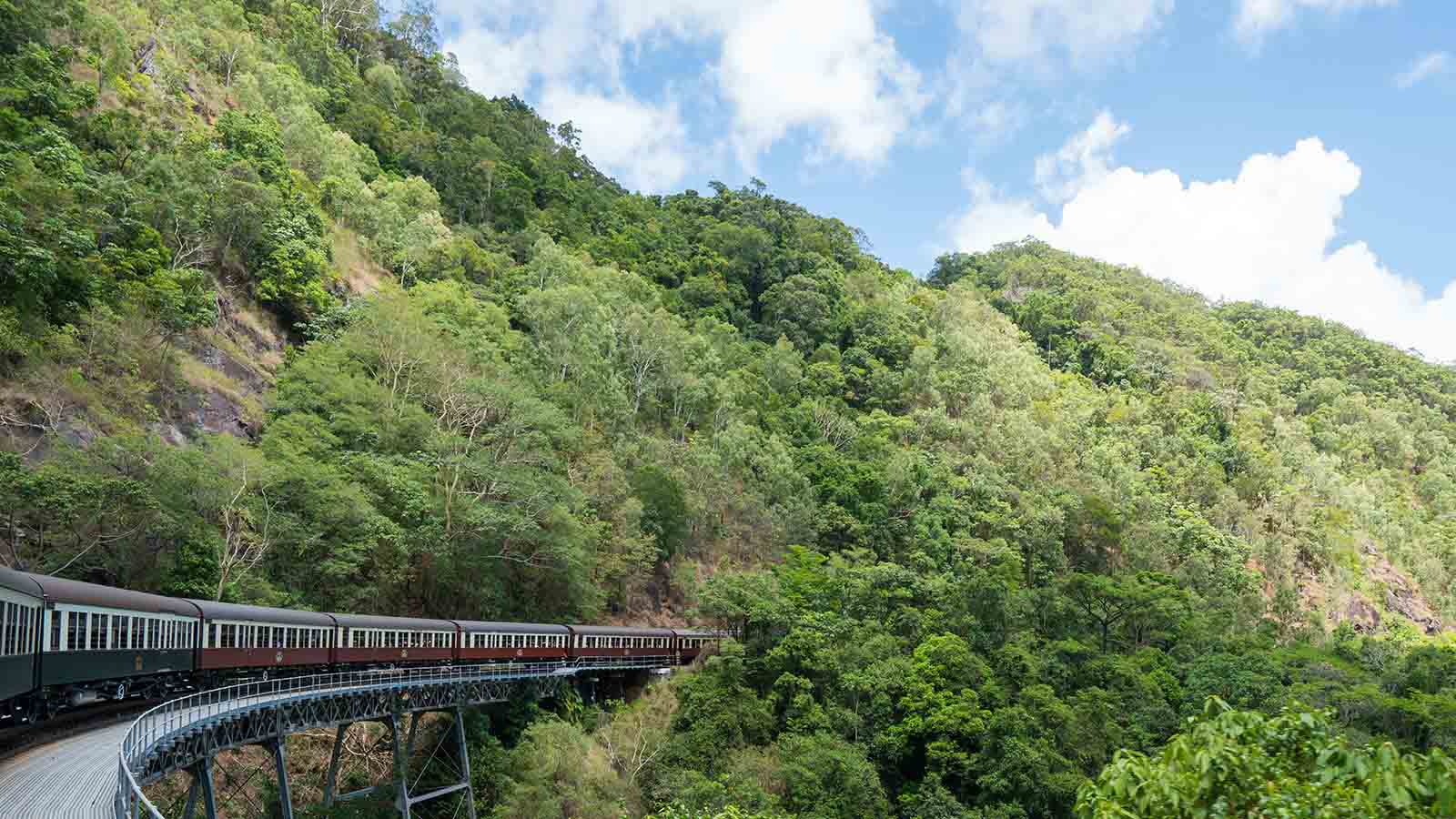 Train curving through green mountains.