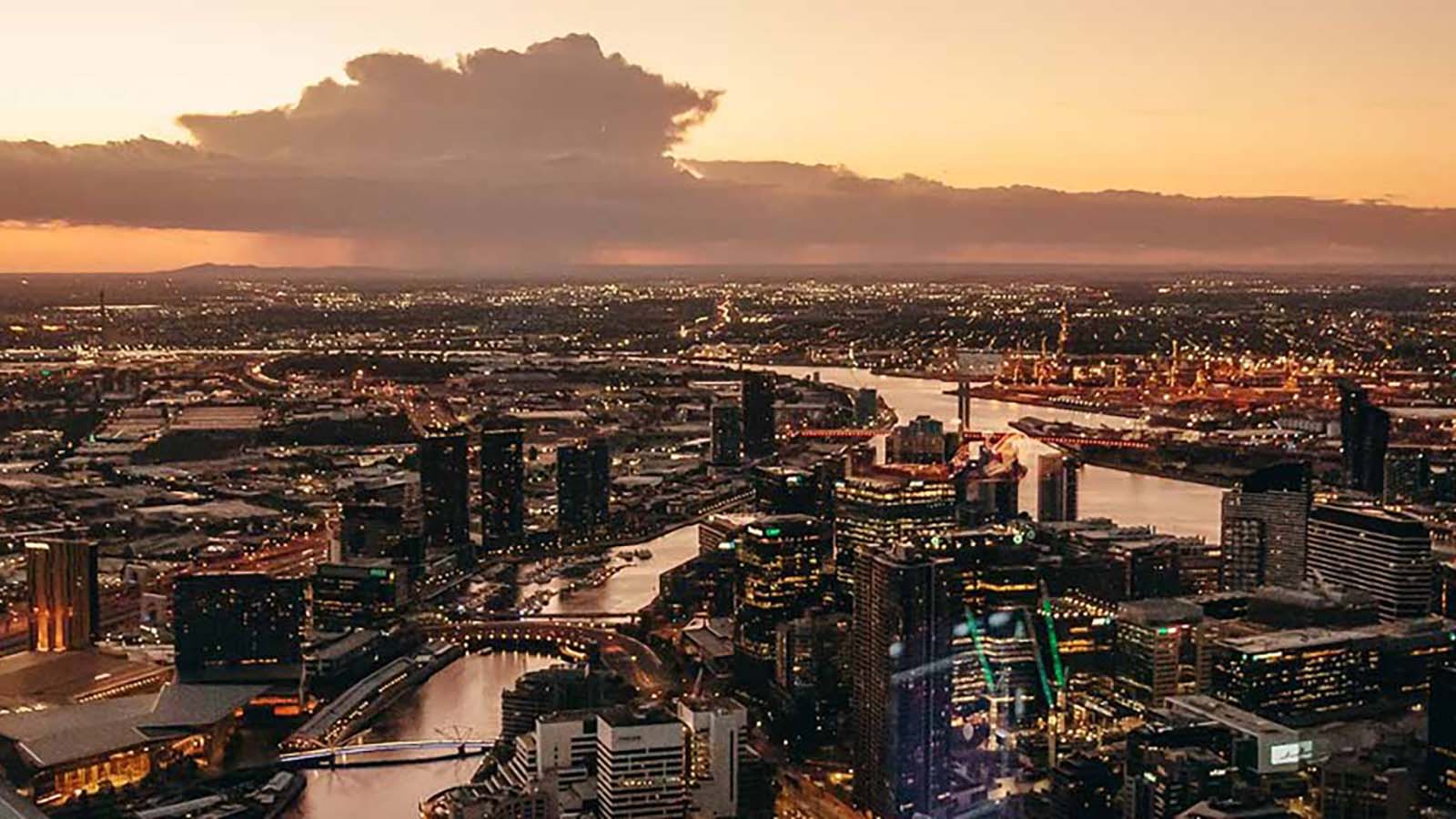 View of Melbourne CBD from Eureka Skydeck at dusk.