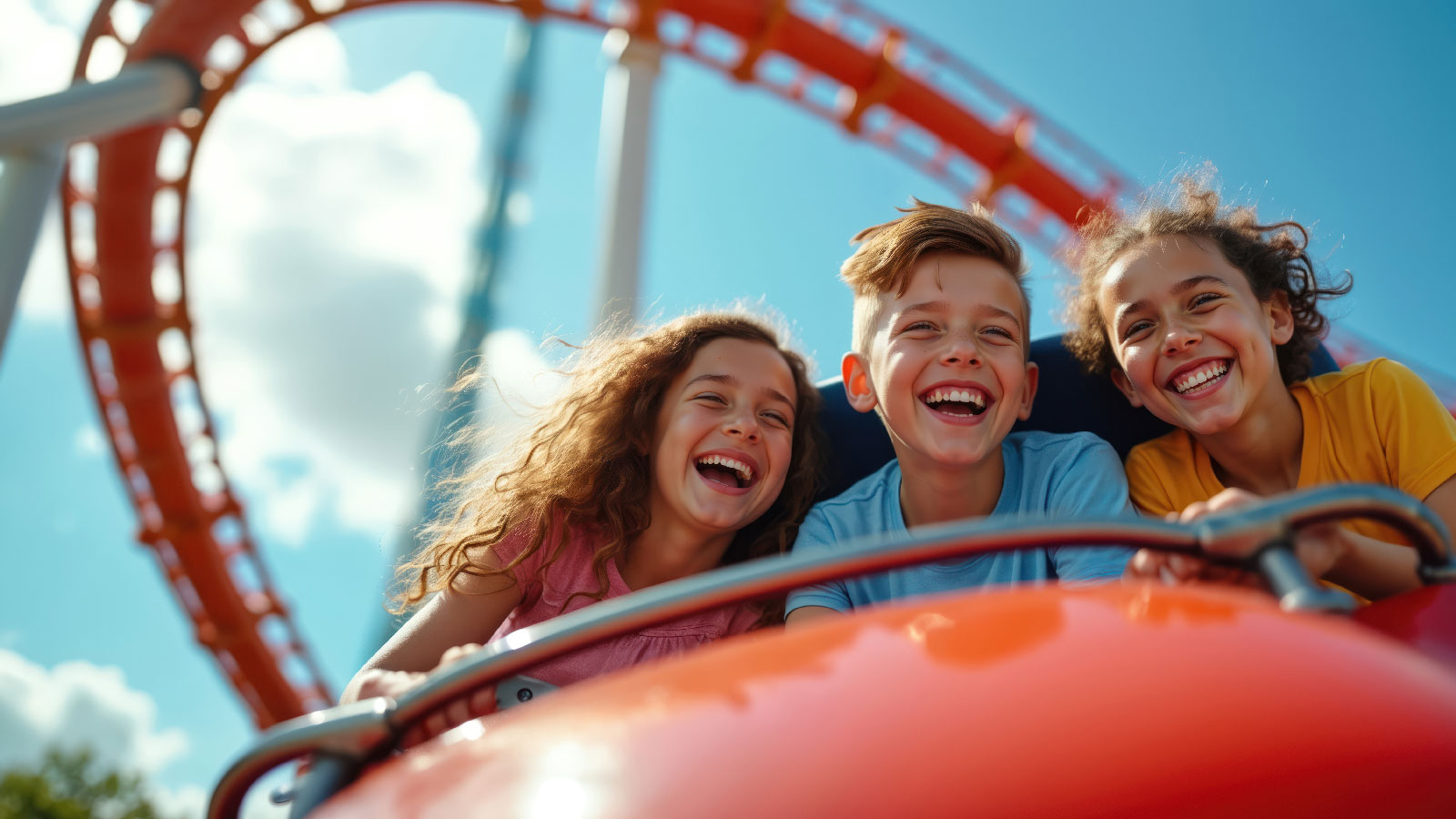 Happy kids ride a roller coaster at amusement park.