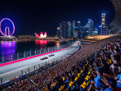 Panoramic image of vibrant nighttime scene of a Formula 1 race in a city setting. 