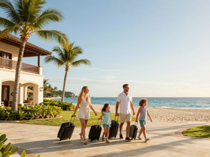 Family walking along the beach as they arrive at their new hotel with their liuggage