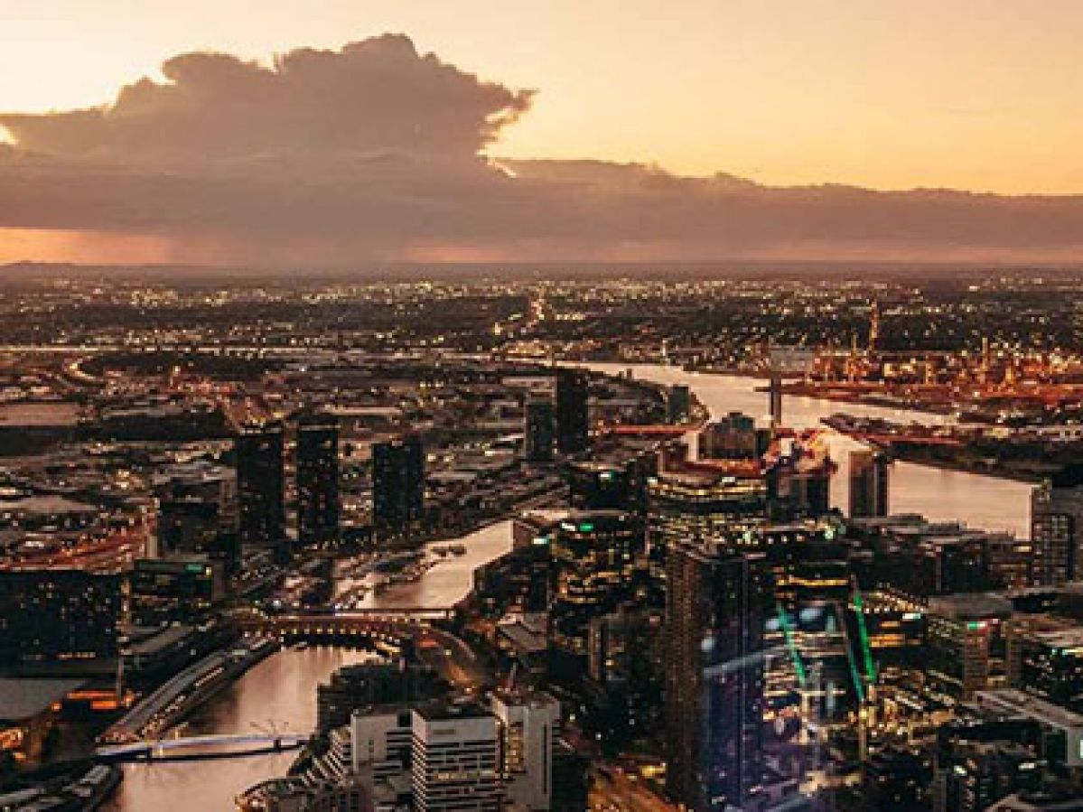 View of Melbourne CBD from Eureka Skydeck at dusk.