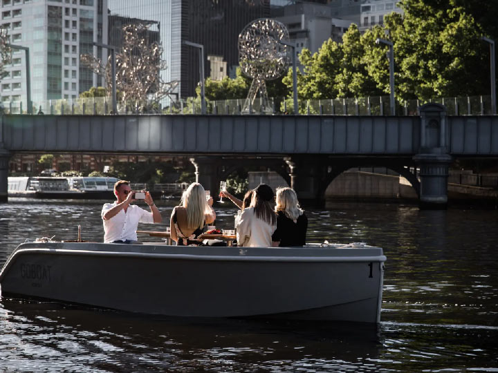 A group of people partying in an electric picnic boat.