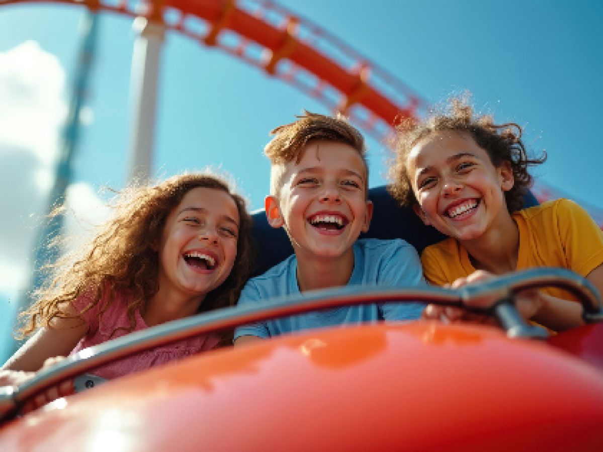 Happy kids ride roller coaster at amusement park.