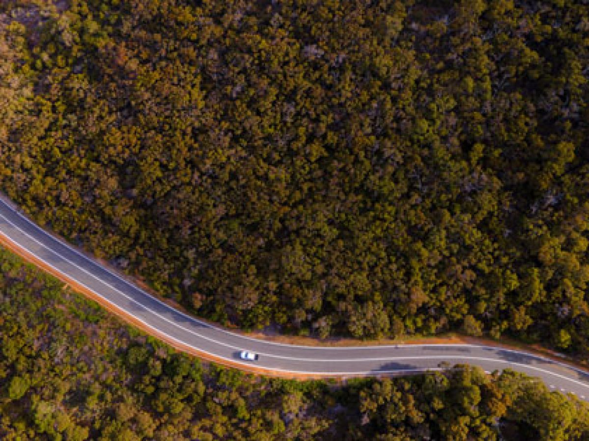 Aerial view of a car driving through Albany, Western Australia