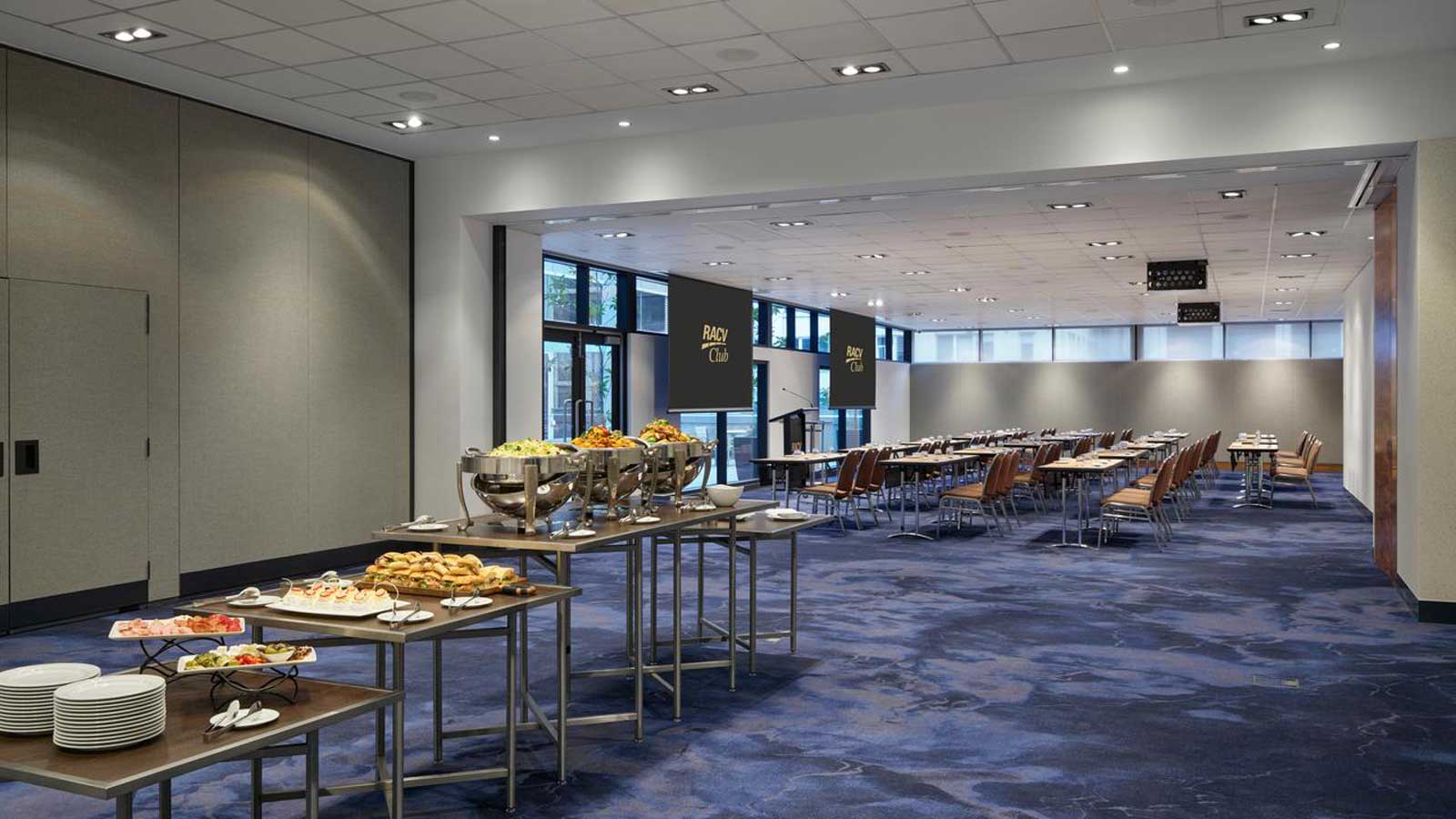 Bayside rooms set up classroom style with food in break out area