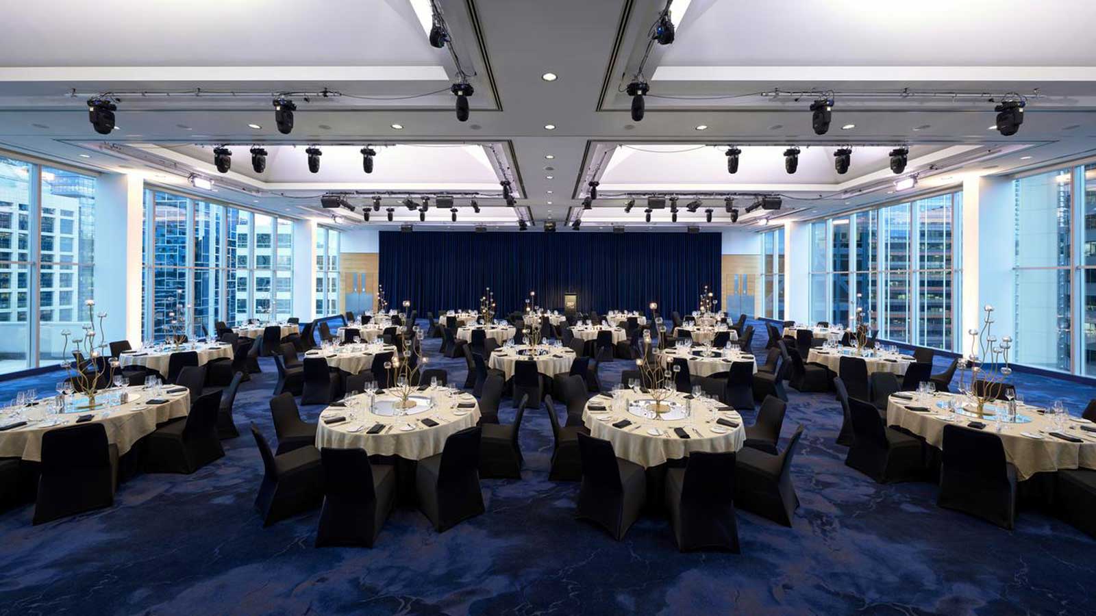 Level 17 set up with black chair covers