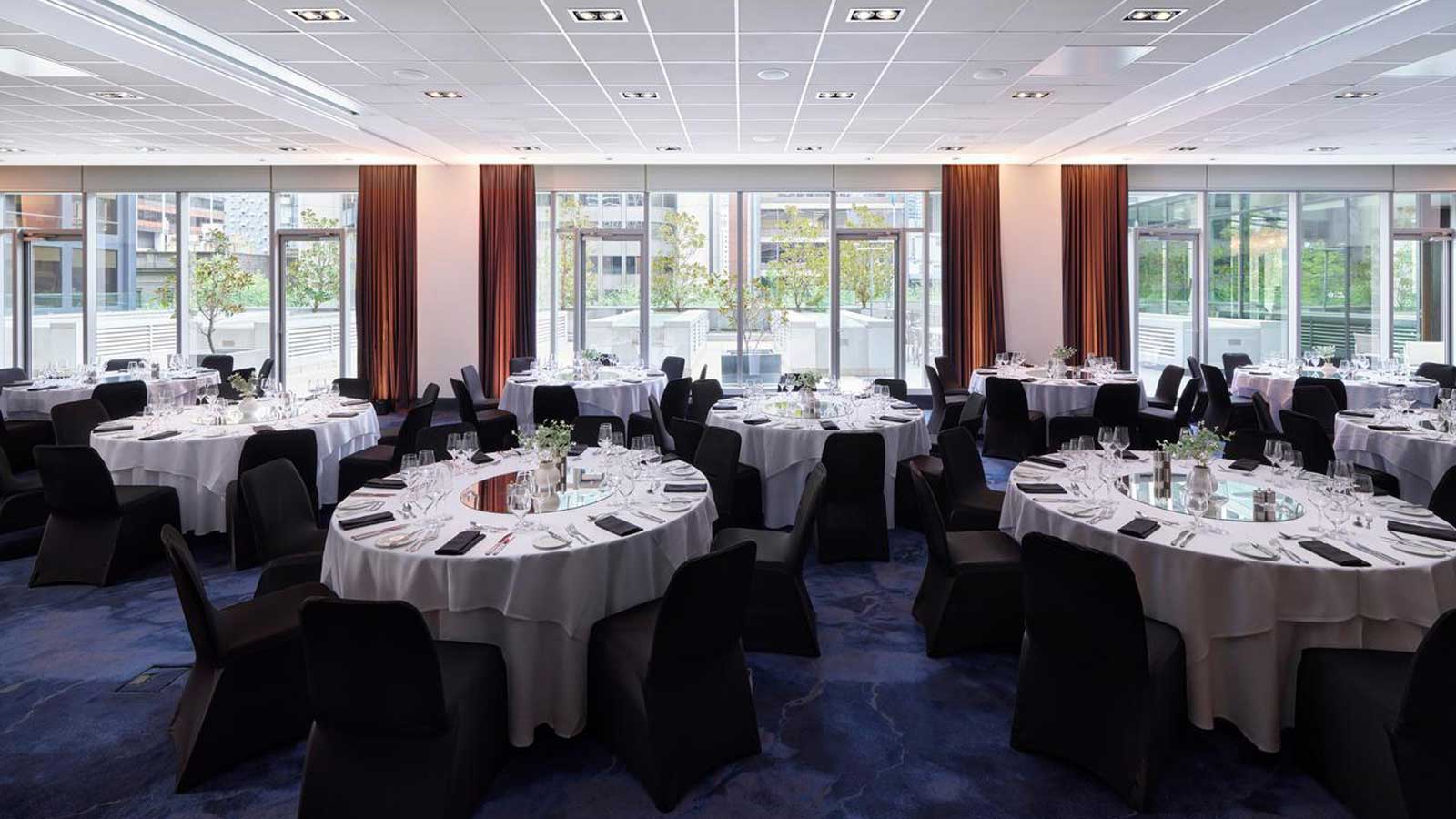 Bourke rooms set up banquet style for a dinner
