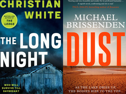 Split image of book covers "The Long Night" and "Dust". 