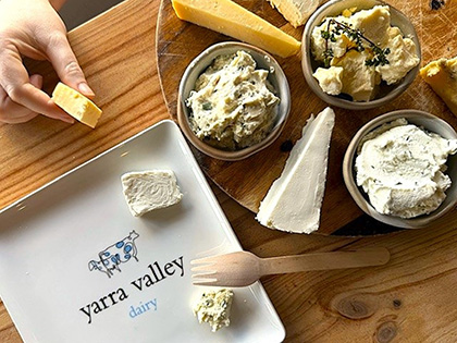 Different types on cheese on a platter.