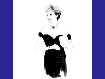 Black and white image of Princess Diana wearing the famous revenge dress