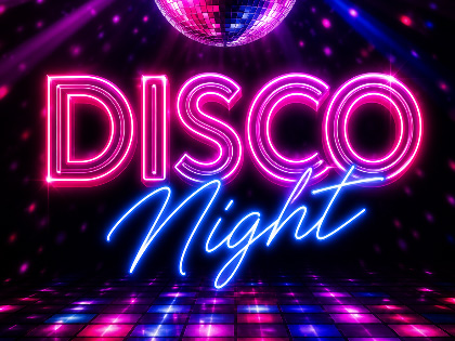 A big neon sight in ppink a blue saying "disco night"