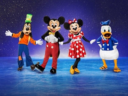 Mickey, Minnie, Goofy and Donald duck on ice. 