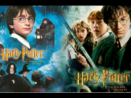 A blended image of the posters for the Harry Potter movies 1 and 2. 