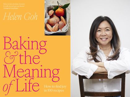 The cover of a book names Baking & The Meaning of Life with a portrait of the author Helen Goh.