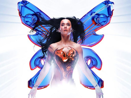 Singer Katy Perry posing wearing butterfly wings. 