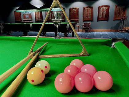 Pink snooker balls lined up.