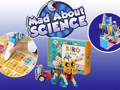 Mad about science logo with smaller images of kids toys. 