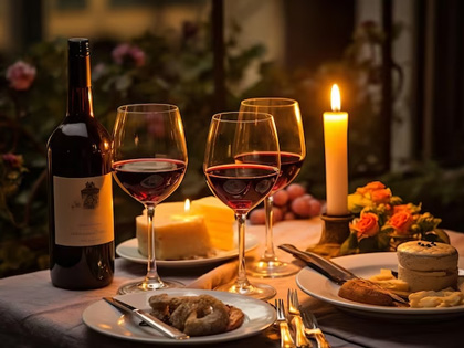 Italian cheese and nibbles spread out on a candle lit table with red wine. 