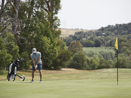 A man taking a swing of golf on a green course.