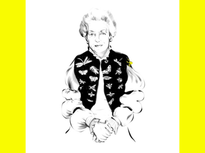 Balck and white image of a woman wearing brooch's
