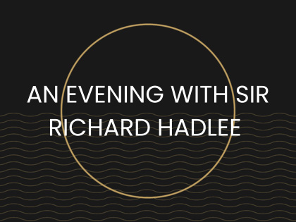 An evening with Sir Richard Hadlee written in a gold circle