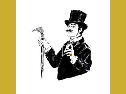 An illistration of a gentleman with a top hat and moustache holding a cane. 