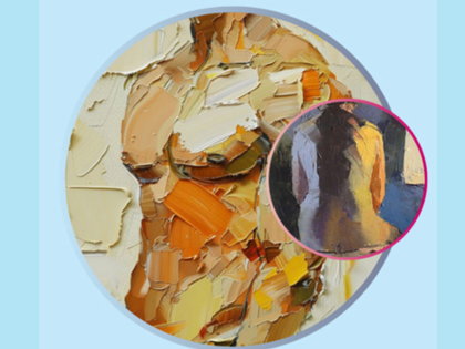 A circular image of a torso painted with textured paint overlapping in colours.