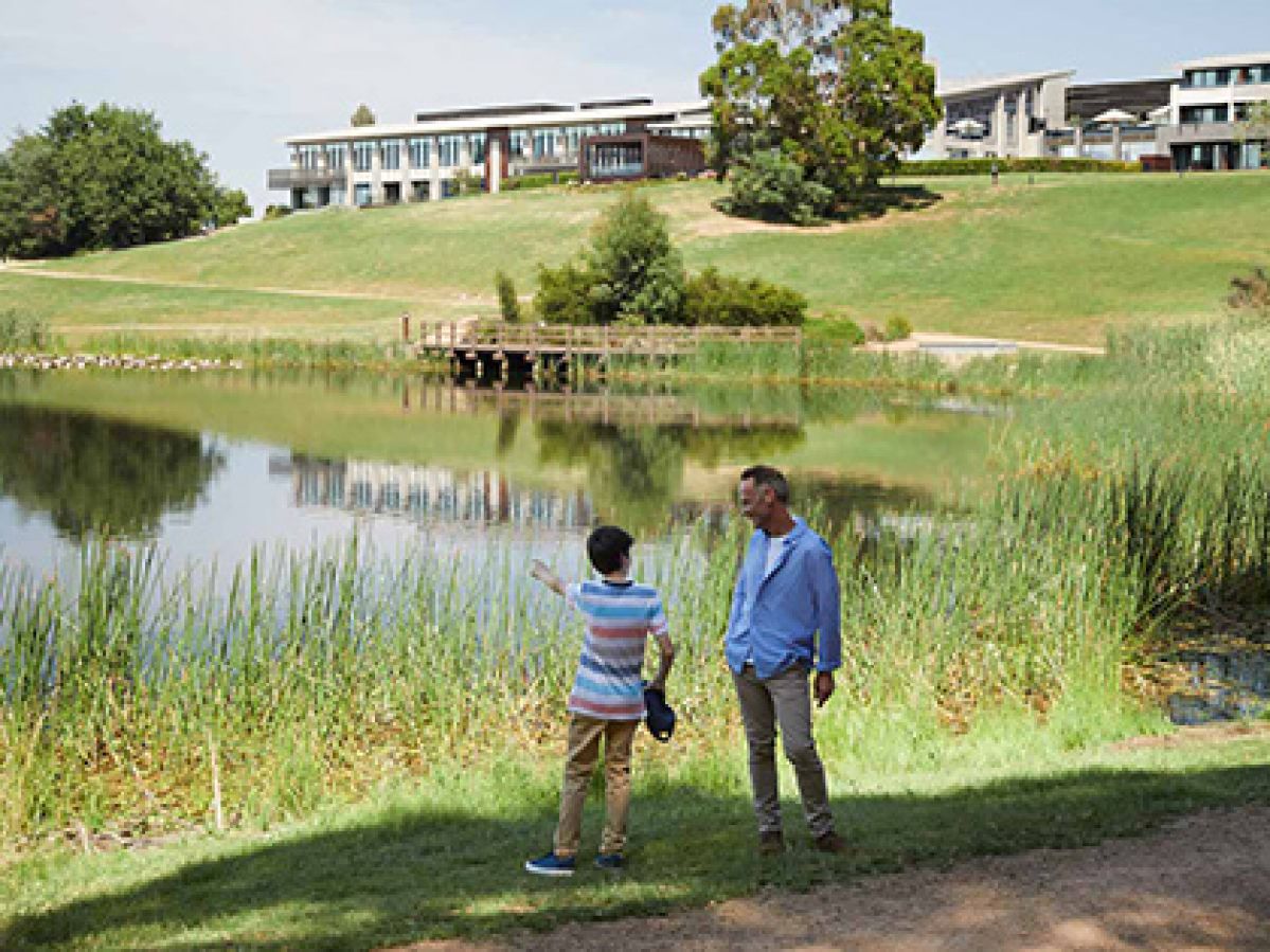 Adult and child looking and standing by lake at RACV Healesville Country Club and Resort.