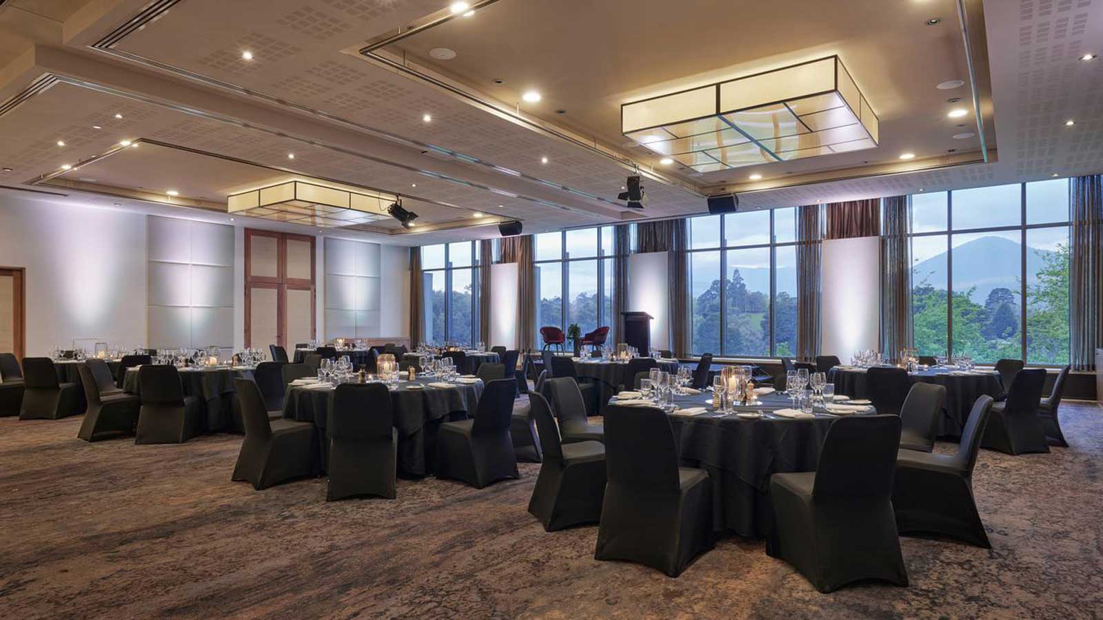 Ballroom set up with banquet table
