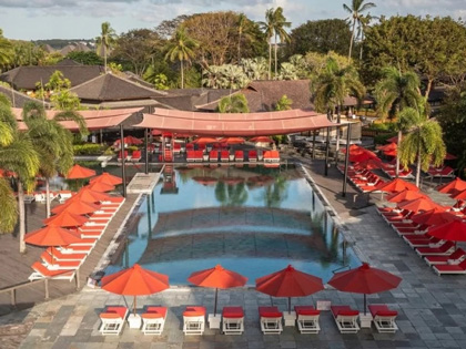 Aerial view of Nusa Dua resort pool in Bali.