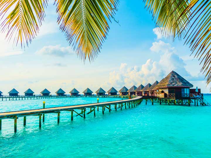 Maldive huts lines along a crystal clear ocean.