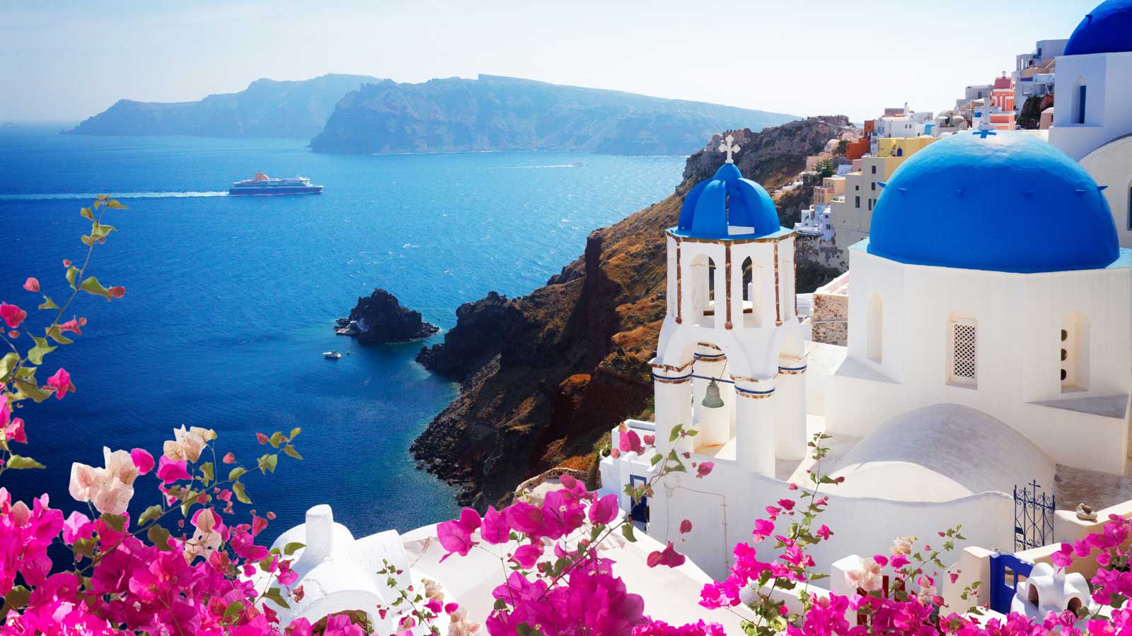 View of caldera with blue domes, Santorini
