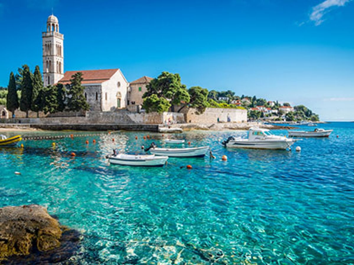 Photo of church by the water in Hvar City, Croatia.