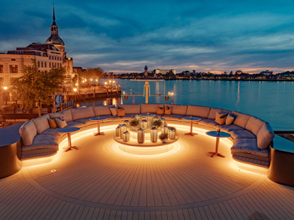 A beautiful seated area overlooking the water. 