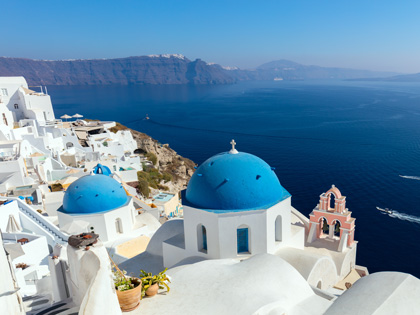 Panoramic view of Santorini and the coast.