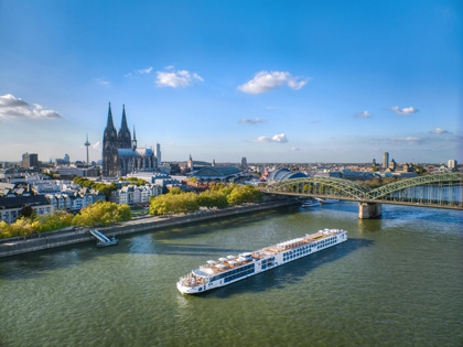 Viking cruise going down a river in Europe