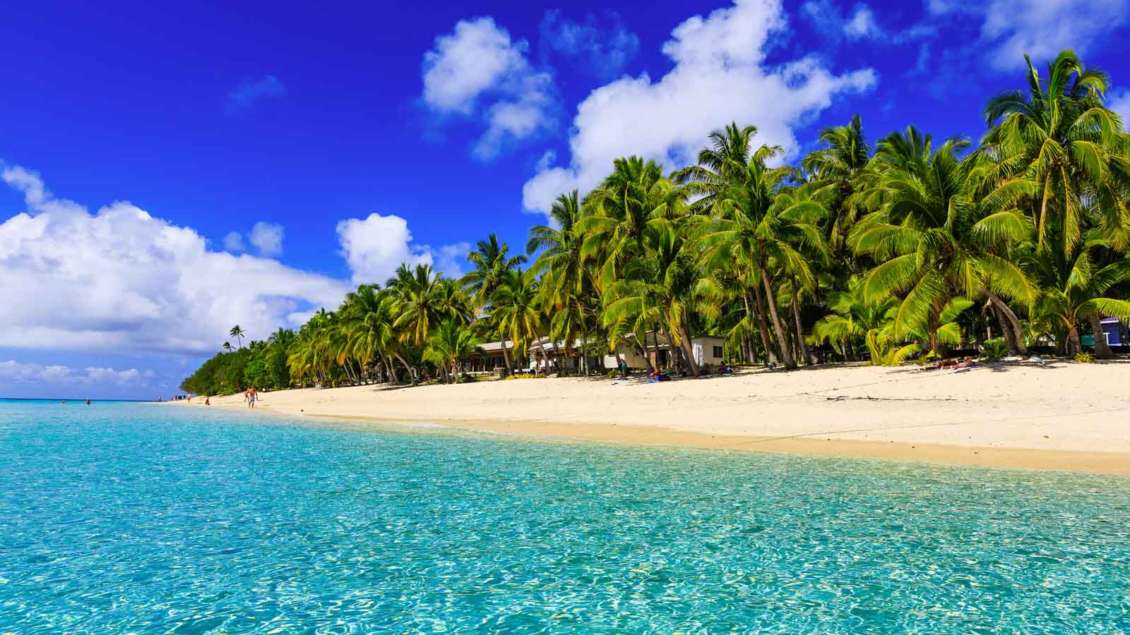 The edge of a fiji island with crystal clear waters, lush green palm trees and clean golden sand.