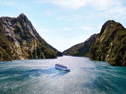 Princess cruise boat floating in Milford Sound on a clear sky day.