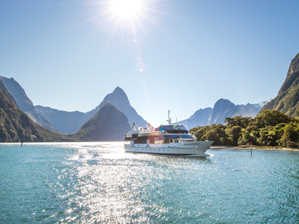 A small cruise tour boat in Milford Sound on a sunny day.